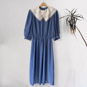 Vintage grid oversized collar prairie midi dress